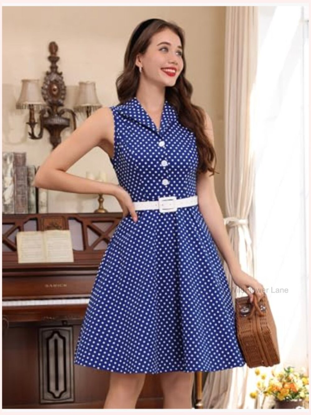 1950s Retro Polka Dot Swing Midi Dress Sleeveless Notched Lapel Belt - Picture 4 of 6